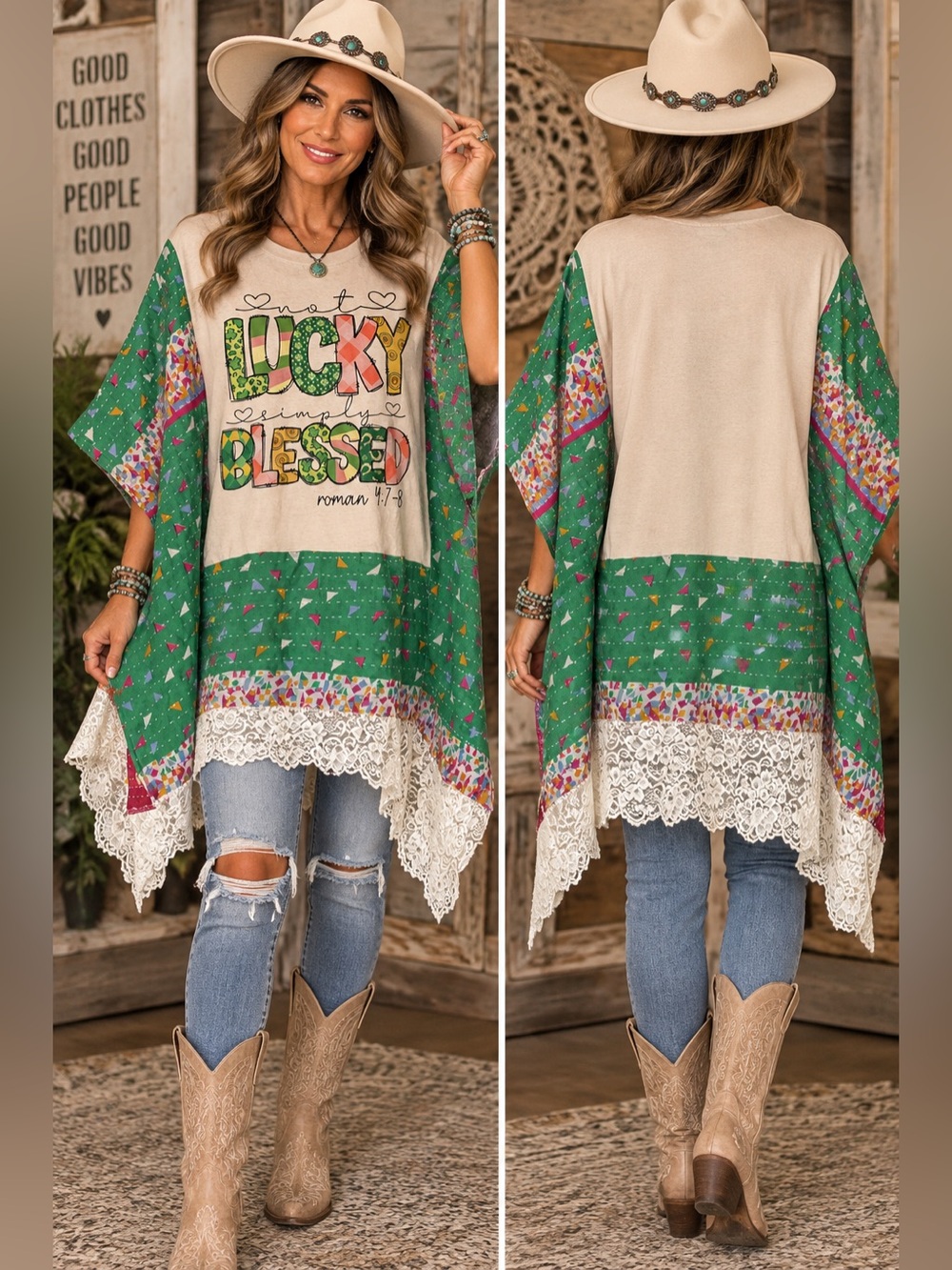 Upcycled Lace-Hem Tunic Top with 'Lucky Blessed' Graphic